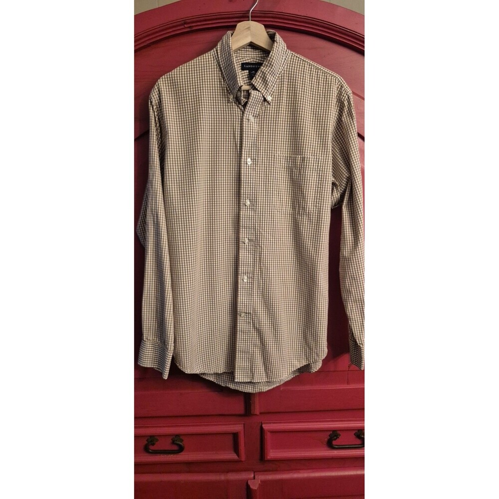NWOT Lands End M 15-15.5 Traditional Fit Brown Gingham Check One Pocket